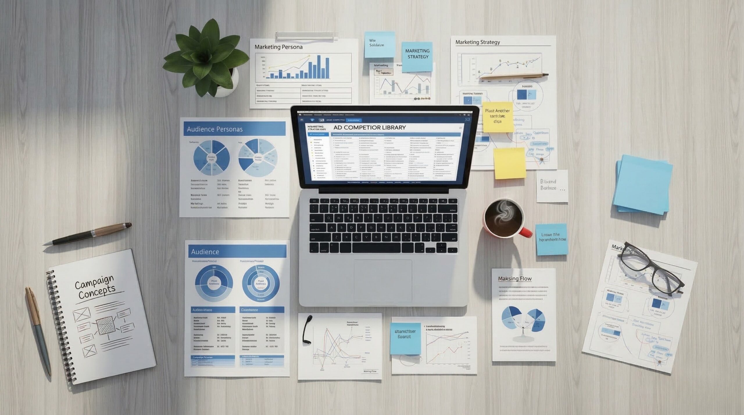 High-angle landscape view of a digital marketer's desk featuring a laptop with an ad competitor library, audience persona charts, and a campaign concepts notebook.