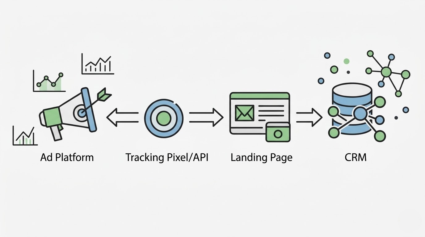 Clean landscape infographic detailing the lead generation funnel from ad platforms and tracking pixels to high-converting landing pages and CRM integration.